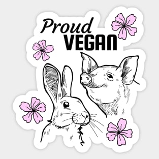 Proud vegan design featuring pig, rabbit and pink flowers Sticker